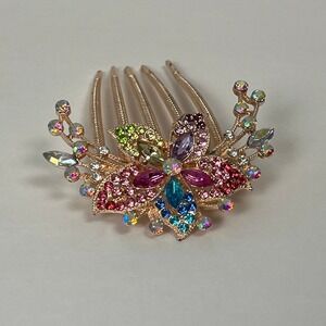 Rhinestone Hair Comb Gold Tone Flower Floral‎ Jeweled Hair Accessory Bridal Prom